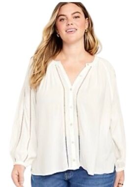 Old Navy White Boho Blouse L Lace Trim Peasant Top Flowy Cottagecore